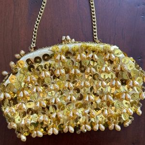 Vintage Gold Beaded Evening Bag Gold Sequins and Drop Pearl W Clasp Closure